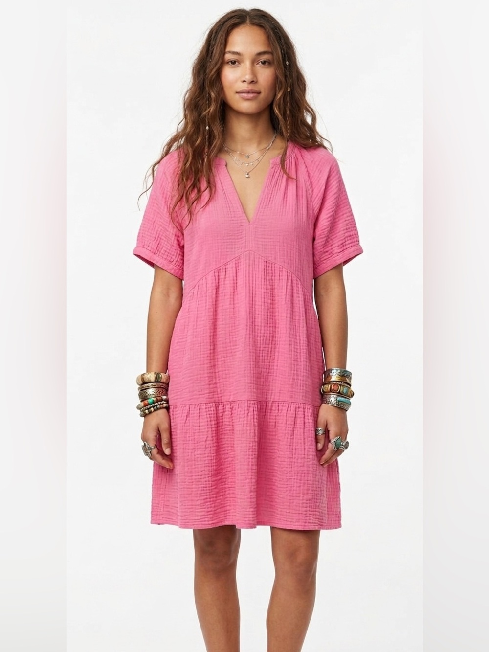 GAP Women’s Cotton Gauze V-Neck Tiered Dress With Pockets Pink or Black